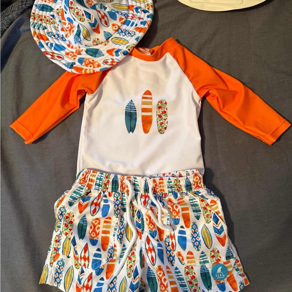 Kids Surfboard Print Swim Set - Orange and White